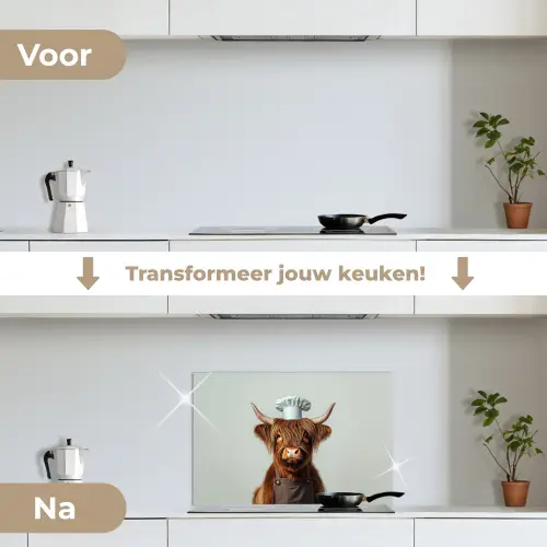 Schotse Hooglander - Bruin - Hoorns - Kokskleding keuken achterwand spatscherm klein -voor_na_NL