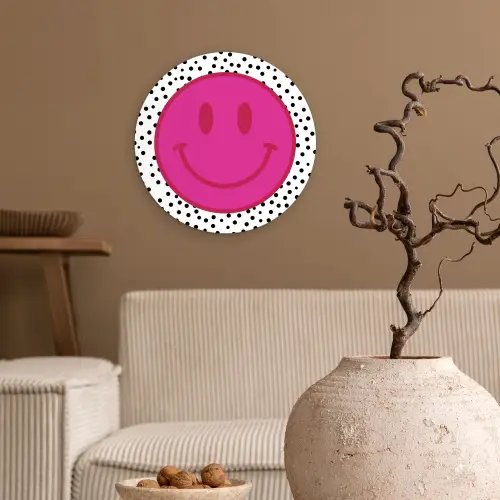 Smiley - Roze - Stippen Wandcirkel kunststof plaat 5mm dik klein -sfeer1
