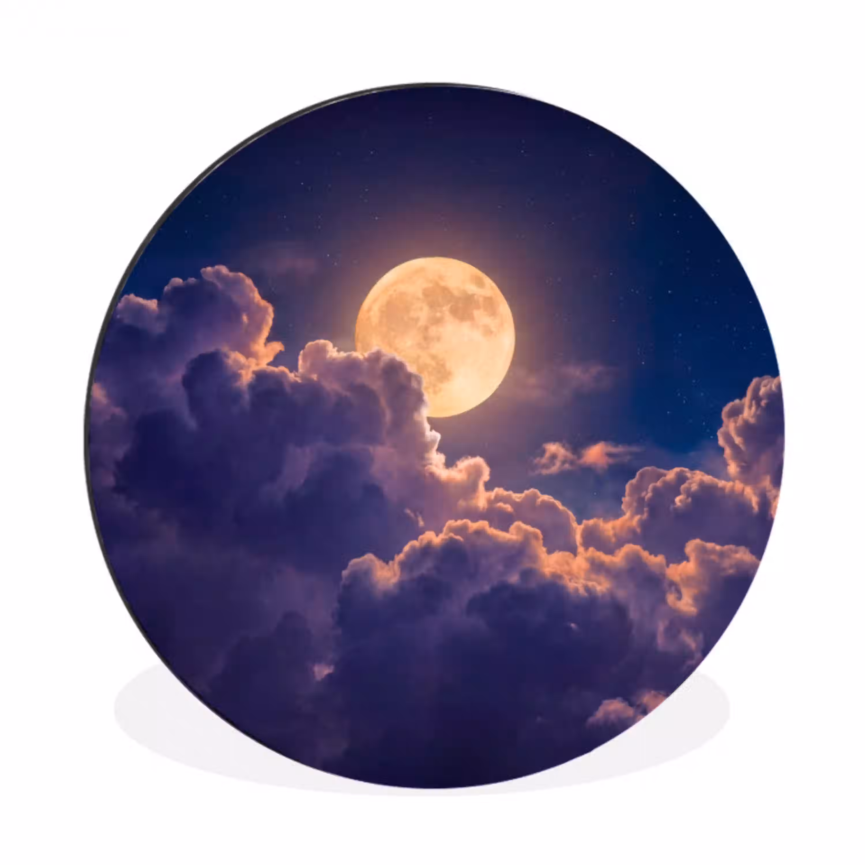 Maan - Wolken - Nacht - Oranje Wandcirkel aluminium klein -3d