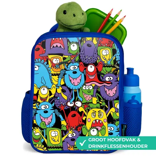 Monsters met Felle Kleuren Kinderrugzak - Blauw middel -inhoud_NL