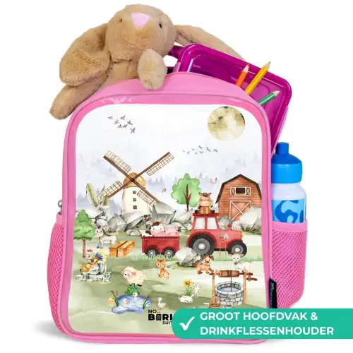 dieren op een boederij Kinderrugzak - Roze middel -inhoud_NL