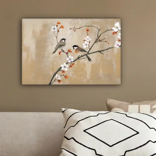 Vogels - Bloesemtak - Bloemen - Oranje canvas 2cm klein -sfeer3