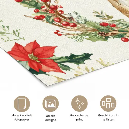 Kerstkrans - Hert - Hulst - Rood poster papier klein -closeup_NL