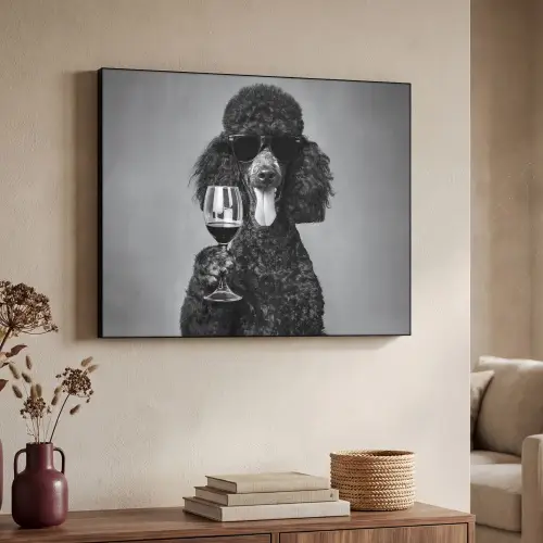 Hond - Krullen - Zonnebril - Wijn Textielframe zwart klein -sfeer3