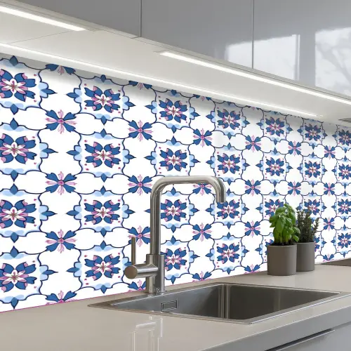 Modern - Patroon - Blauw - Roze keuken achterwand 2 middel 871 -3d_schuin