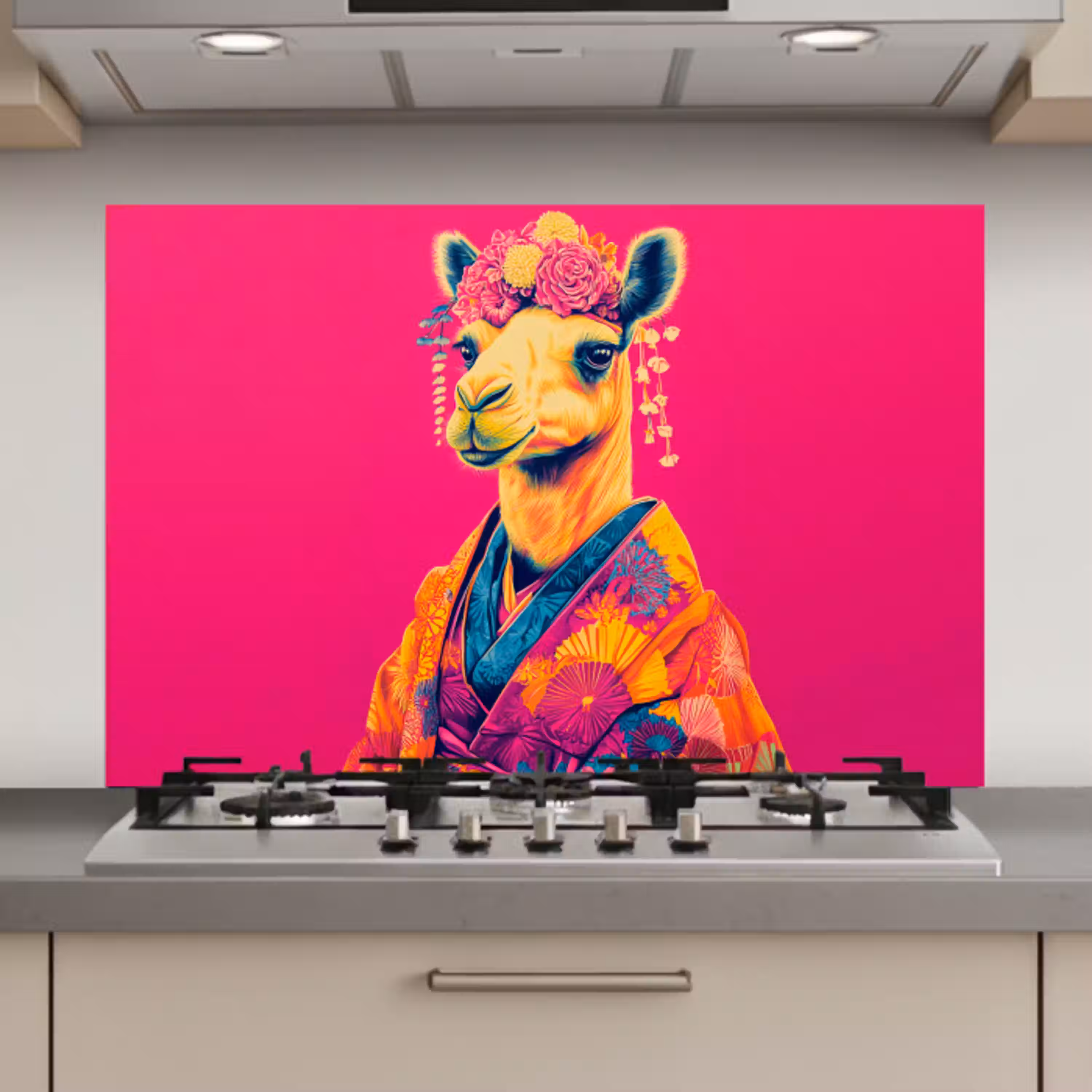 Kameel - Bloemen - Kimono - Waaiers keuken achterwand spatscherm klein -3d_website