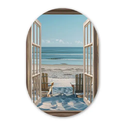 Doorkijk - Strandstoelen - Duinen - Zee - Natuur Wandcirkel Ovaal Glas middel -3d