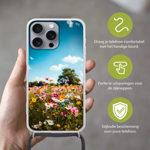 Bloemenweide - Blauw - Lucht - Kleuren Hoesje iPhone 16 Pro Max met koord klein -sfeer2_NL