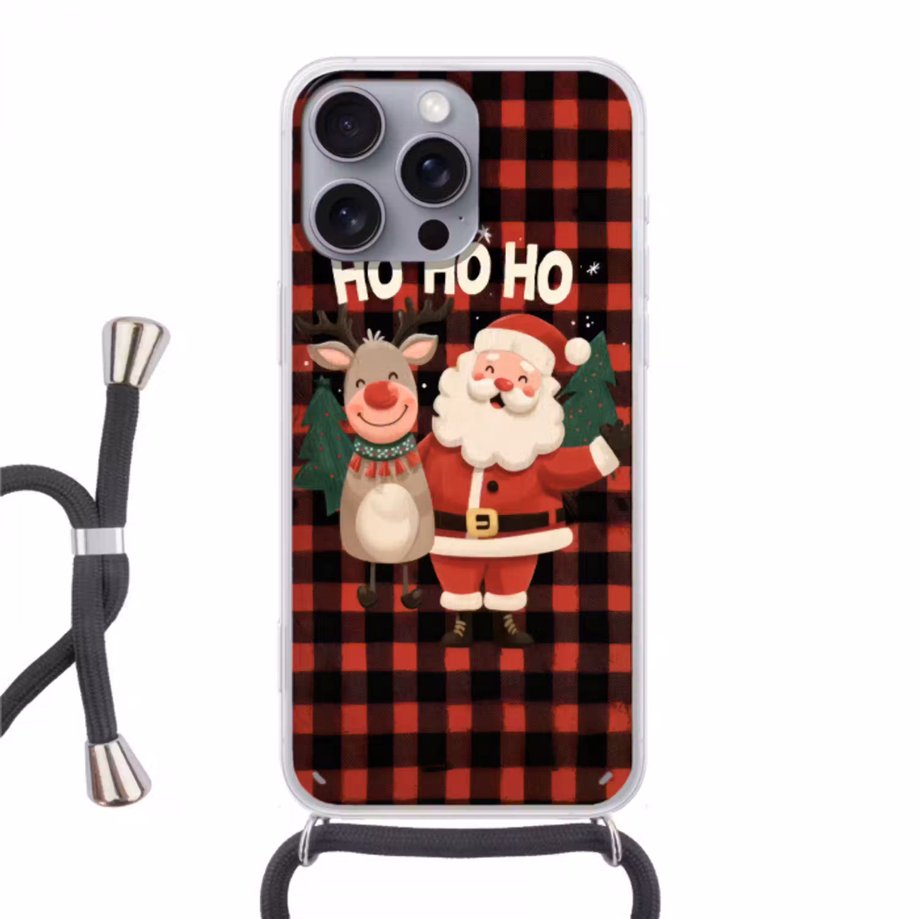 Kerstman - Rendier - Tekst - Rood - Zwart Hoesje iPhone 16 Pro Max met koord klein -3d