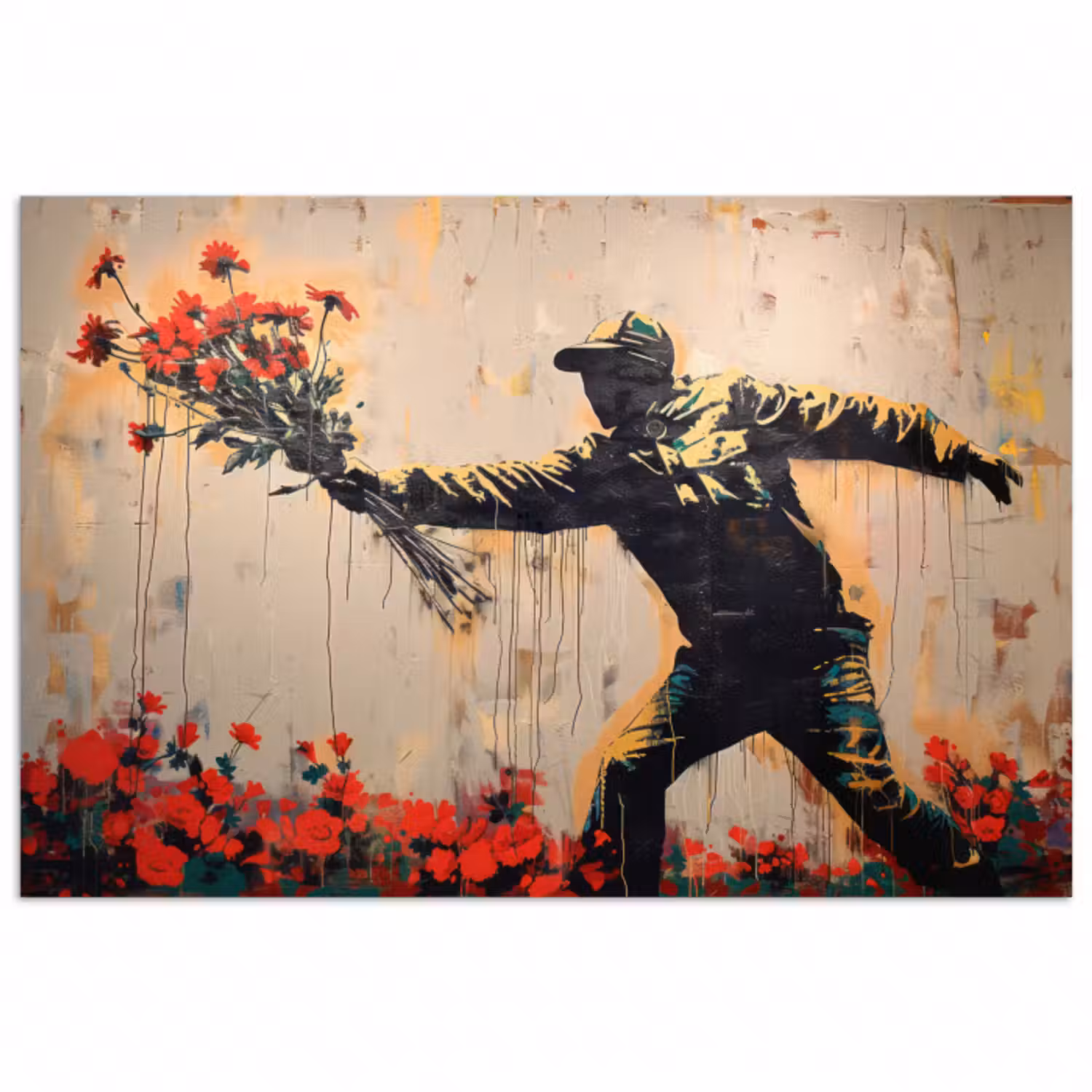 Poster - Straßenkunst - Mann - Blumen - Rot - Graffiti - Banksy