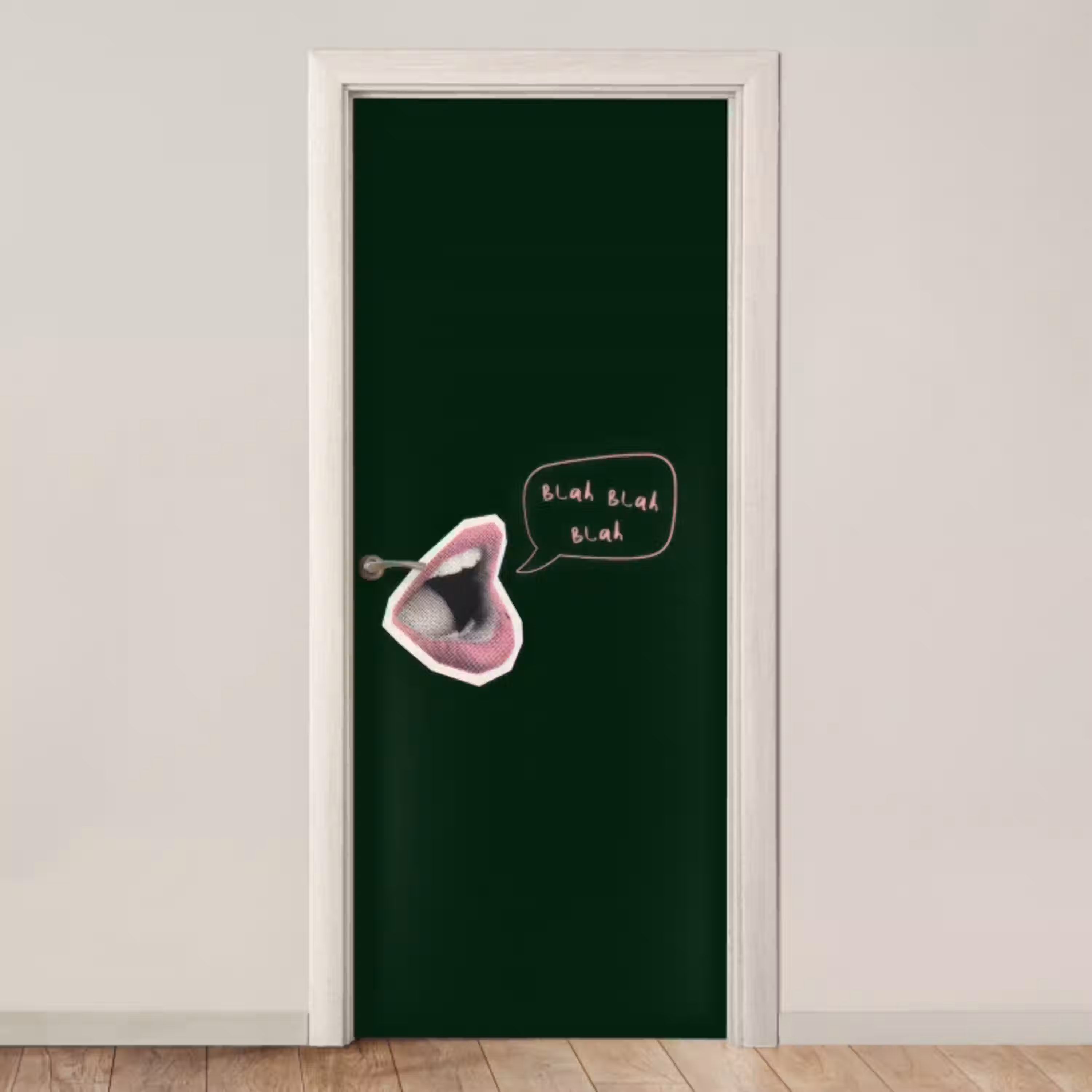Illustratie - Mond - Donkergroen - Tekstwolkje deurposter klein -3d_beige