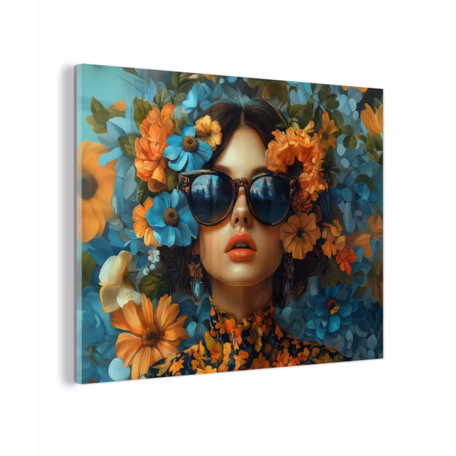 Glas schilderij - Vrouw - Bloemen - Oranje - Blauw - Modern
