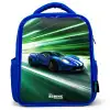 Blauwe raceauto met strepen in groene tunnel Kinderrugzak - Blauw middel -3d