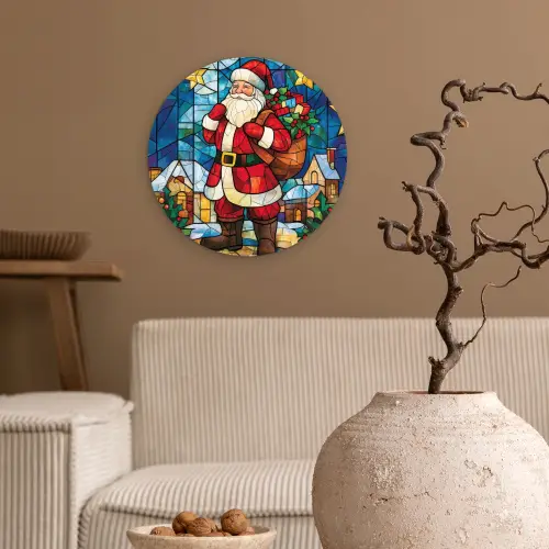 Kerstman - Glas - Kleurrijk Wandcirkel kunststof plaat 5mm dik klein -sfeer1