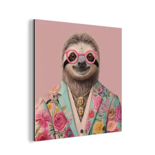 Luiaard - Bloemenprint - Bril - Roze aluminium wit klein -3d