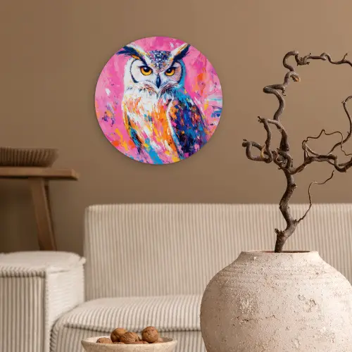 Uil - Roze - Blauw - Verf - Abstract Wandcirkel kunststof plaat 5mm dik klein -sfeer1
