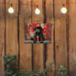 Puppy met Rode Pet en Spuitbus tuinposter los doek klein -sfeer1