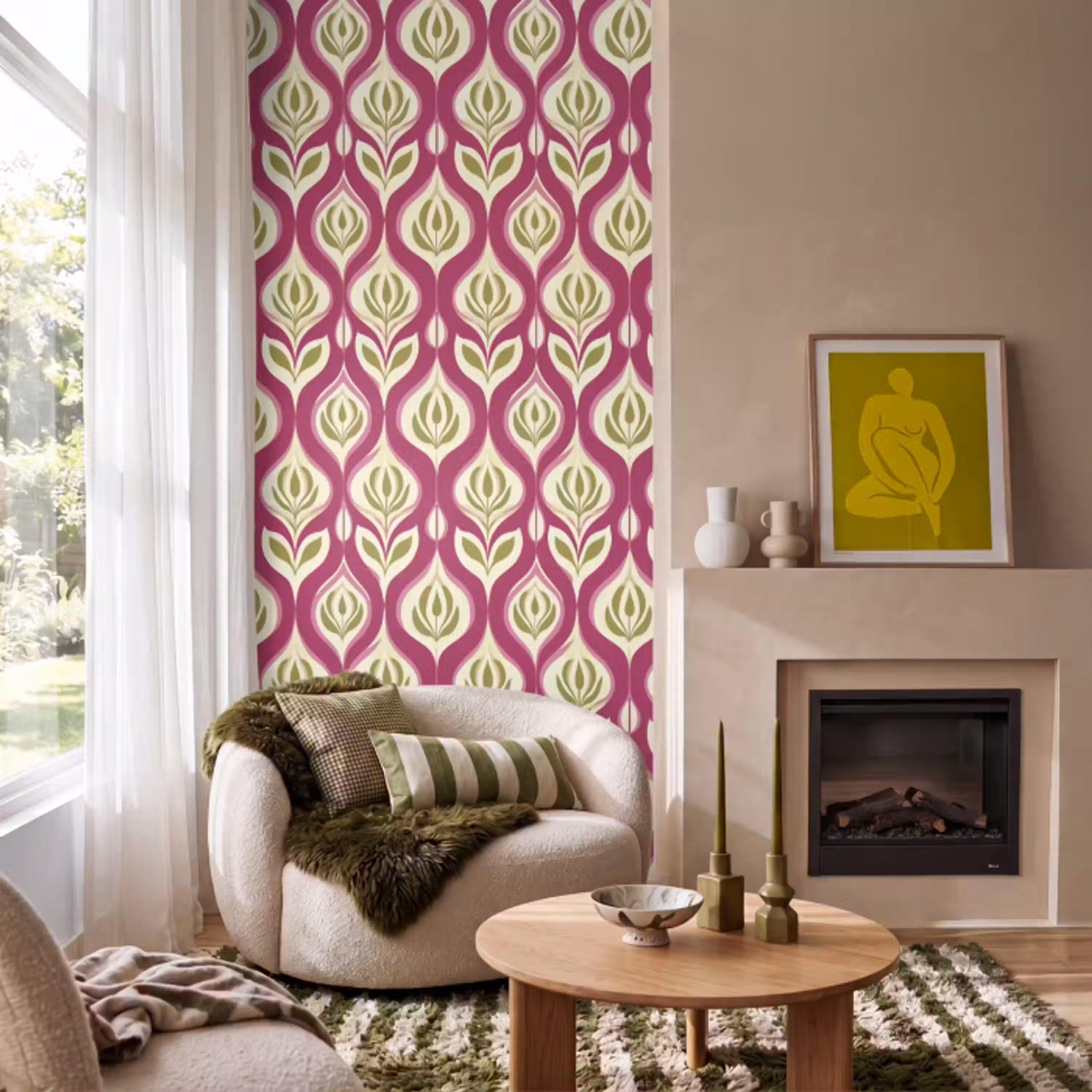 Retro - Floraal - Paars Behang Vlies klein 1076 -sfeer2