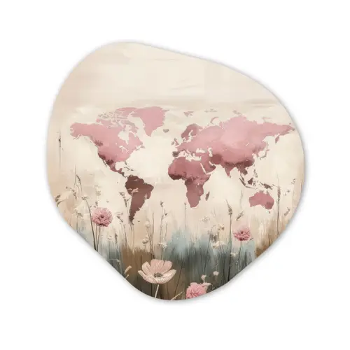 Wereldkaart - Roze - Bloemen Wandcirkel Organisch Plexiglas middel -3d