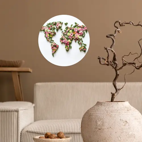 Wereldkaart - Kleurrijk - Bloemen - Lente Wandcirkel behangsticker klein -sfeer1