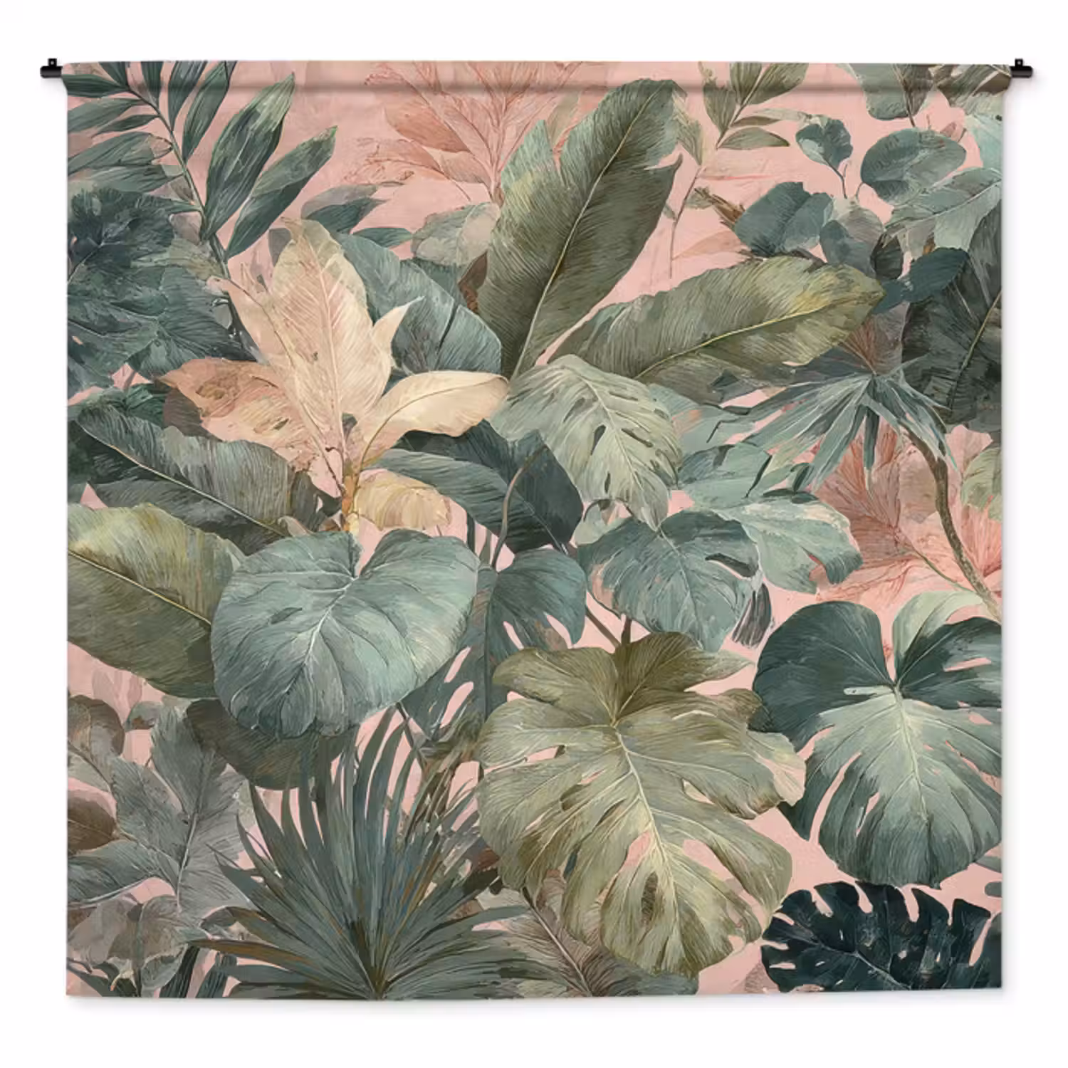 Wandkleed - Compositie van bladeren - Groen - Roze