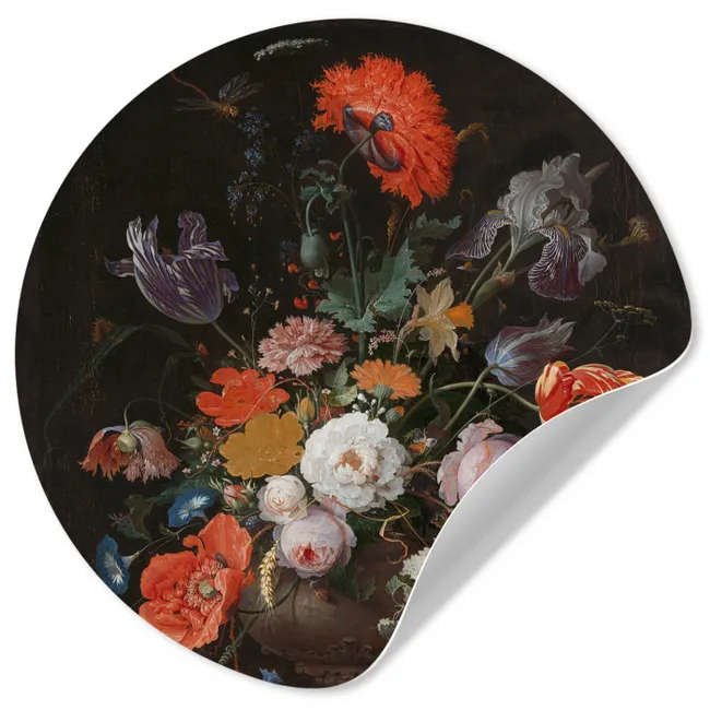 Stilleven met bloemen en een horloge - Schilderij van Abraham Mignon Wandcirkel behangsticker klein -3d