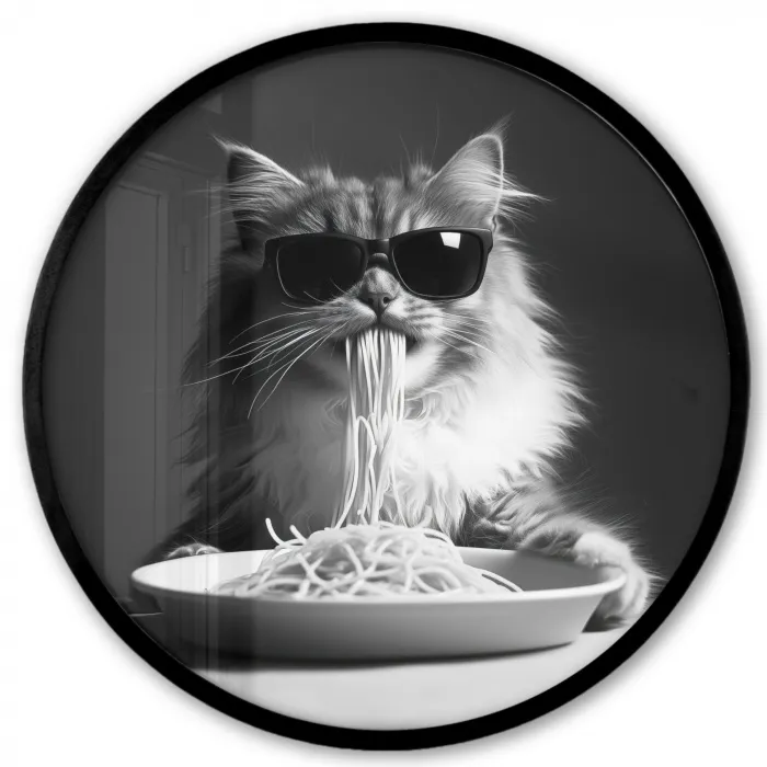 Langharige kat - Zonnebril - Spaghetti - Humor - Zwart - wit Fotolijst rond zonder passe partout klein -3d