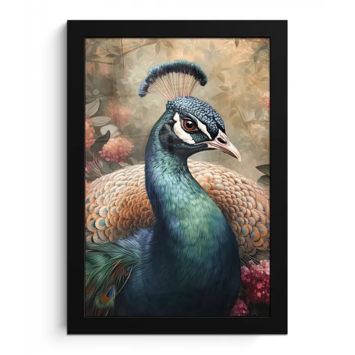 Pauw - Vogel - Bloemen - Planten - Pauwenveren fotolijst zwart zonder passe partout klein -3d