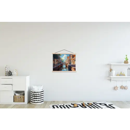 Stad - Gracht - Zon - Fietsen textielposter latten blank klein -kinderkamer