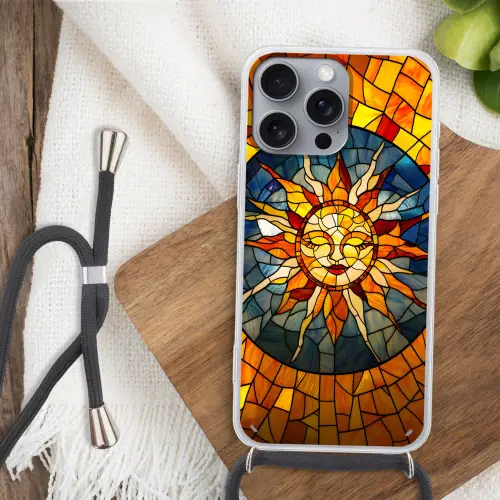 Mozaïek - Zon - Geel - Cirkel Hoesje iPhone 16 Pro Max met koord klein -sfeer4