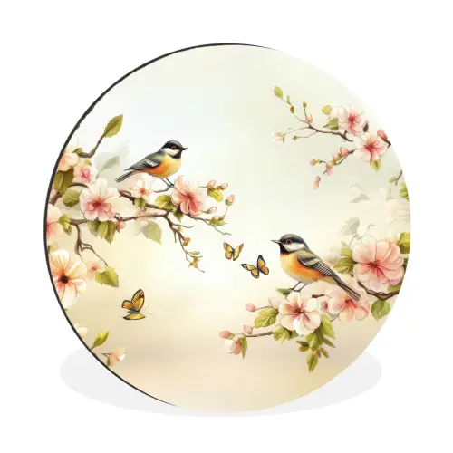 Takken - Bloemen - Vogeltjes - Roze Wandcirkel aluminium klein -3d