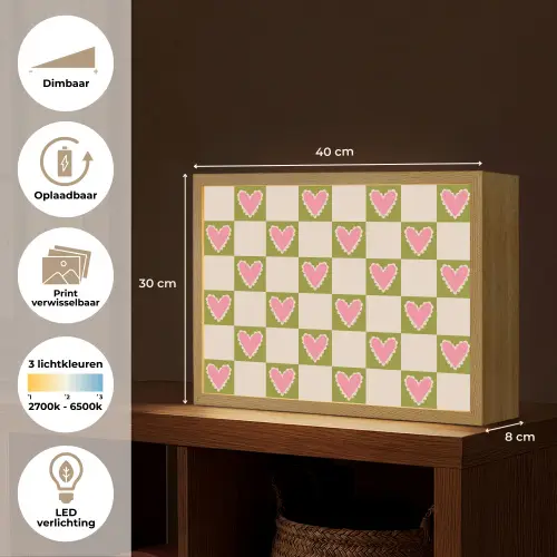 Olijfgroen - Hartjes - Patroon - Retro Light Box met batterij (Wandlamp) middel 907 -USP_websiteoverzichtNL