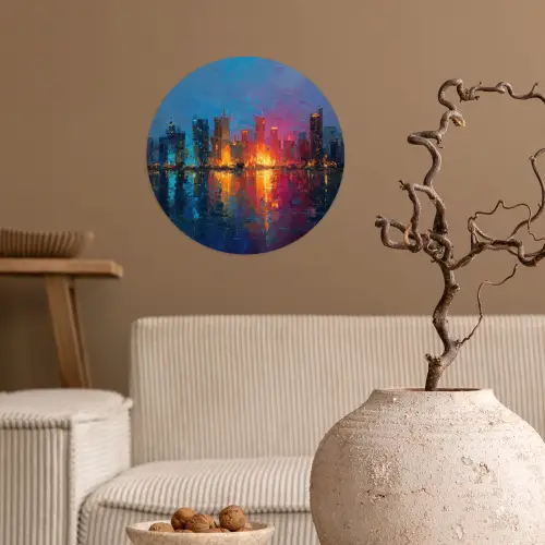 Skyline - Penseelstreken - Donkerblauw - Lichtgevend Wandcirkel behangsticker klein -sfeer1