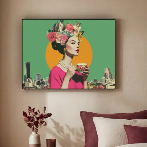 Retro - Vrouw - Stad - Zon Textielframe zwart klein -sfeer1