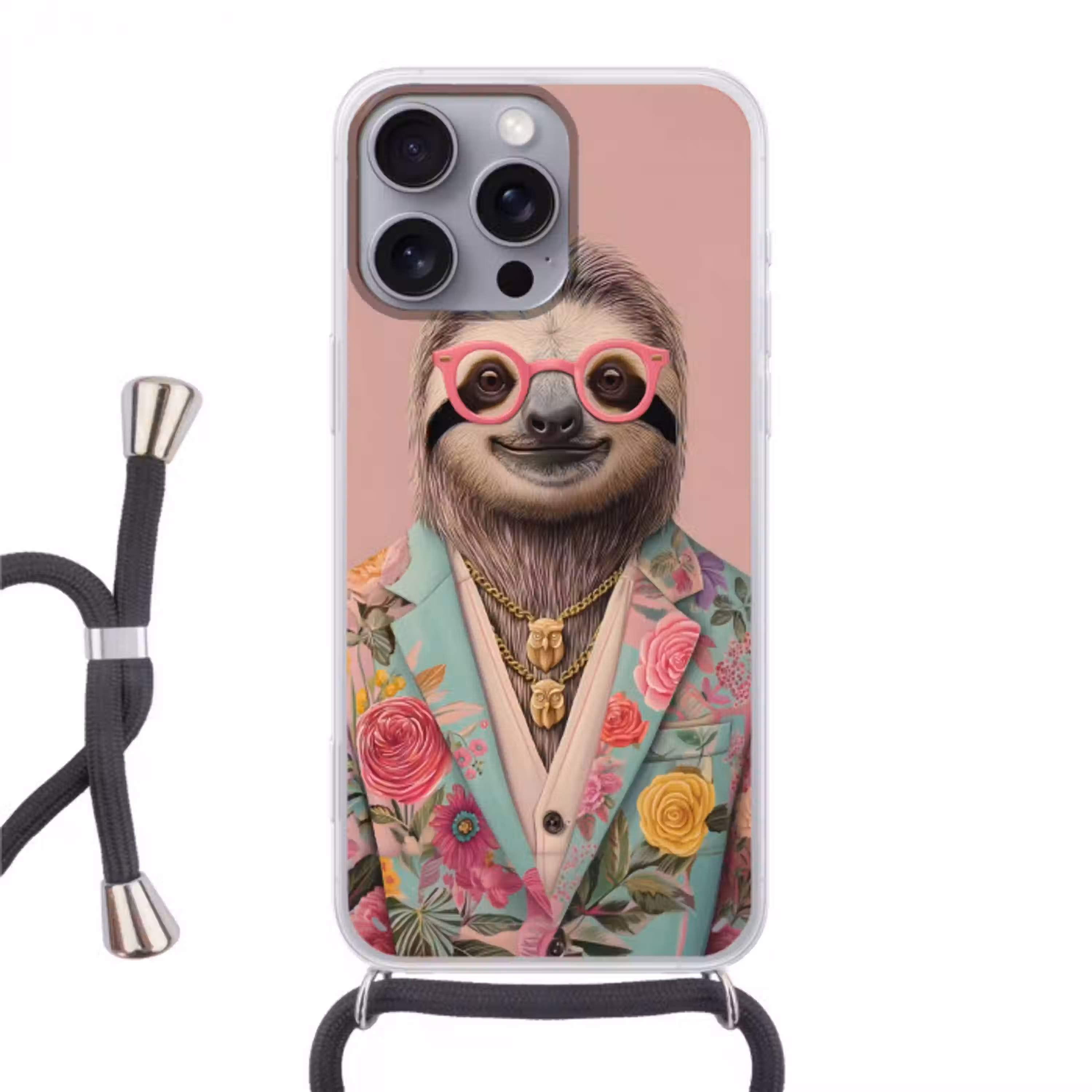 Luiaard - Bloemenprint - Bril - Roze Hoesje iPhone 16 Pro Max met koord klein -3d