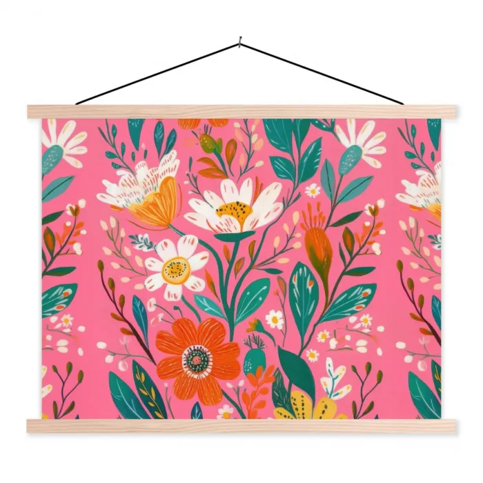 Roze - Bloemen - Wit - Oranje textielposter latten blank klein -3d