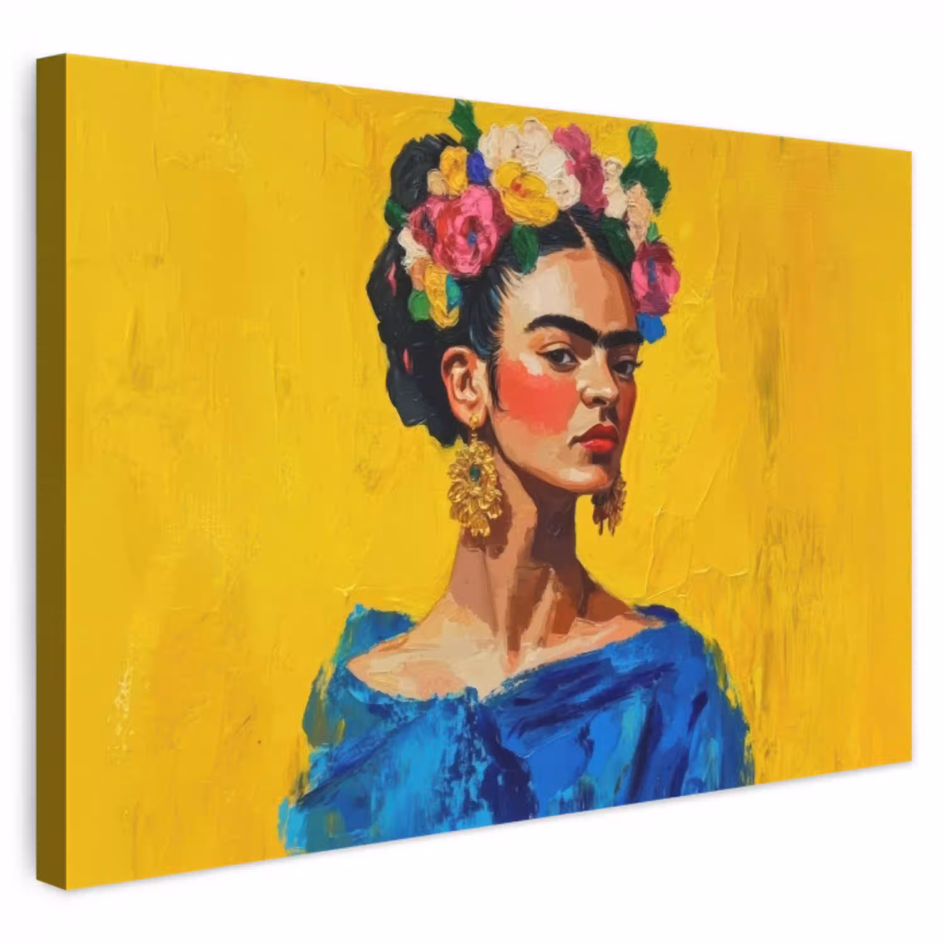 Frida Kahlo - Vrouw - Geel - Blauw - Bloemen canvas 2cm klein -3d