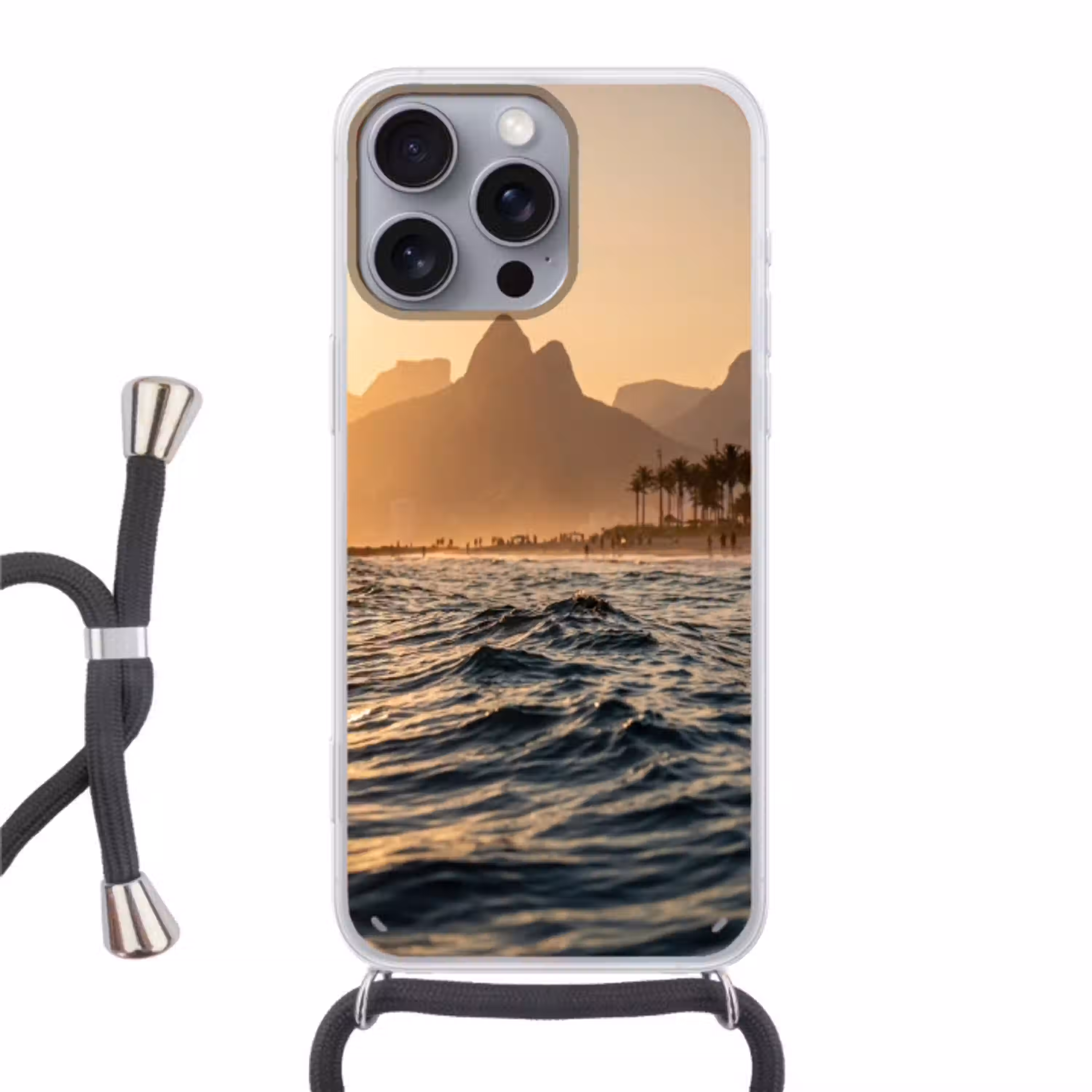 Zee - Golven - Zonsondergang - Kust - Goud Hoesje iPhone 16 Pro Max met koord klein -3d