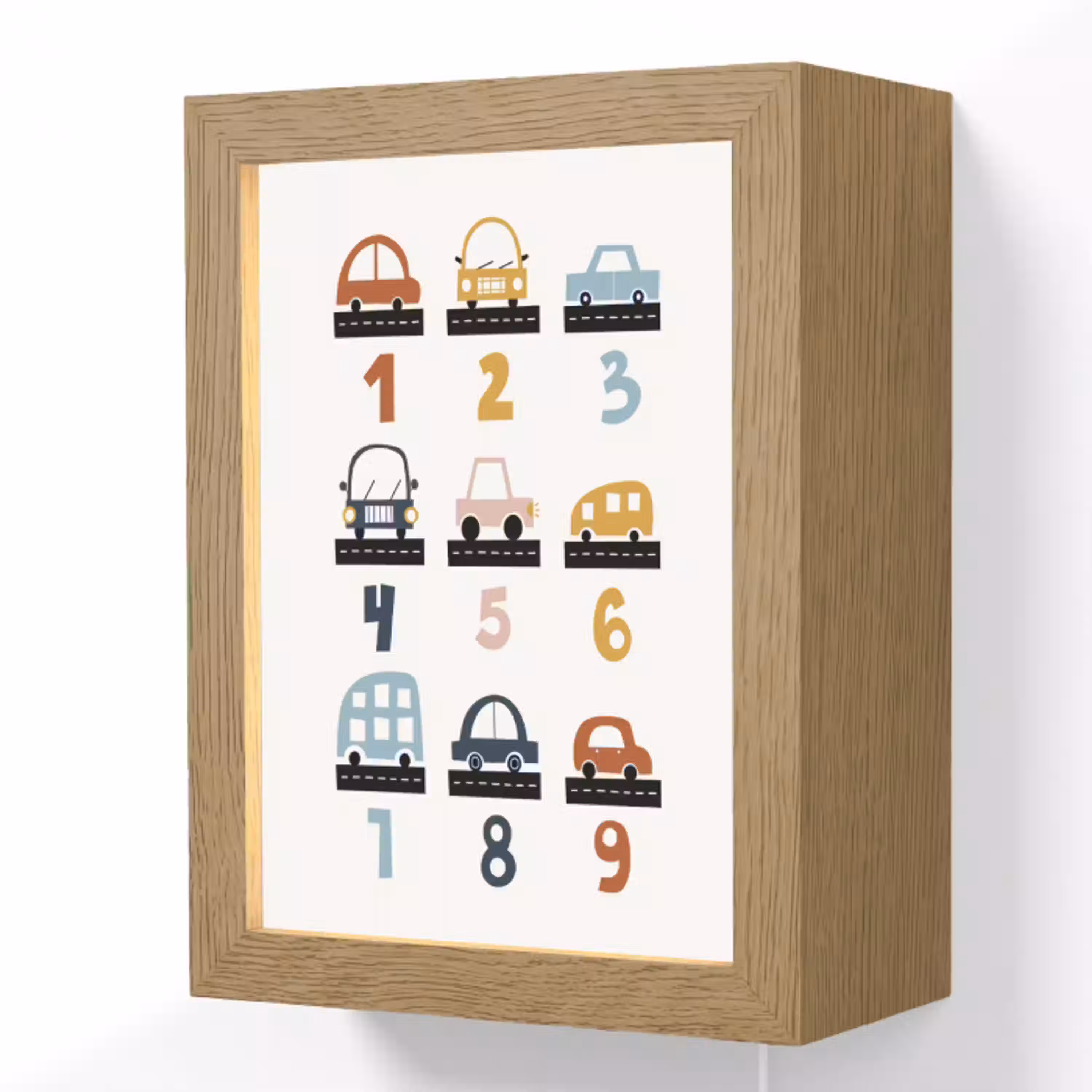 Getallen - Educatief - Leren tellen - Cijfers oefenen voor kinderen - Auto's - Voertuigen Light Box met kabel (Wandlamp kind) klein -3d