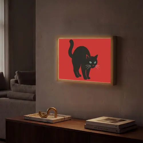 Kat - Zwart - Staart Light Box met batterij (Wandlamp) middel -sfeer1
