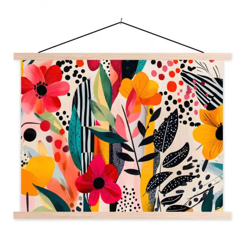 Bloemen - Bladeren - Abstract - Kleurrijk textielposter latten blank klein -3d