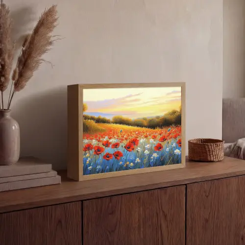 Klaproos - Bloemenveld - Kleurrijk Light Box met batterij (Wandlamp) middel -sfeer2