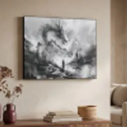 Krijger - Draak - Grijs Textielframe zwart klein -sfeer3