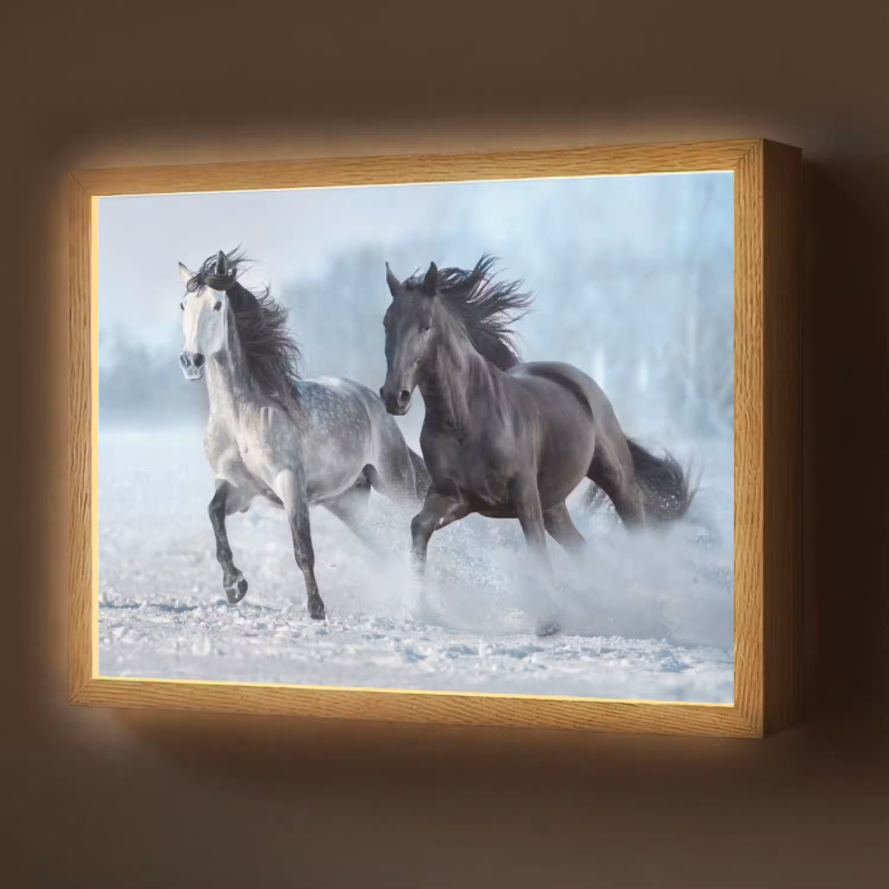 Paarden - Winter - Dieren - Natuur - Sneeuw Light Box met batterij (Wandlamp) middel -z3d_website