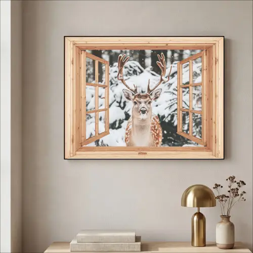 Doorkijk - Hert - Sneeuw - Winter - Bos - Dieren Textielframe - compleet frame klein -sfeer2