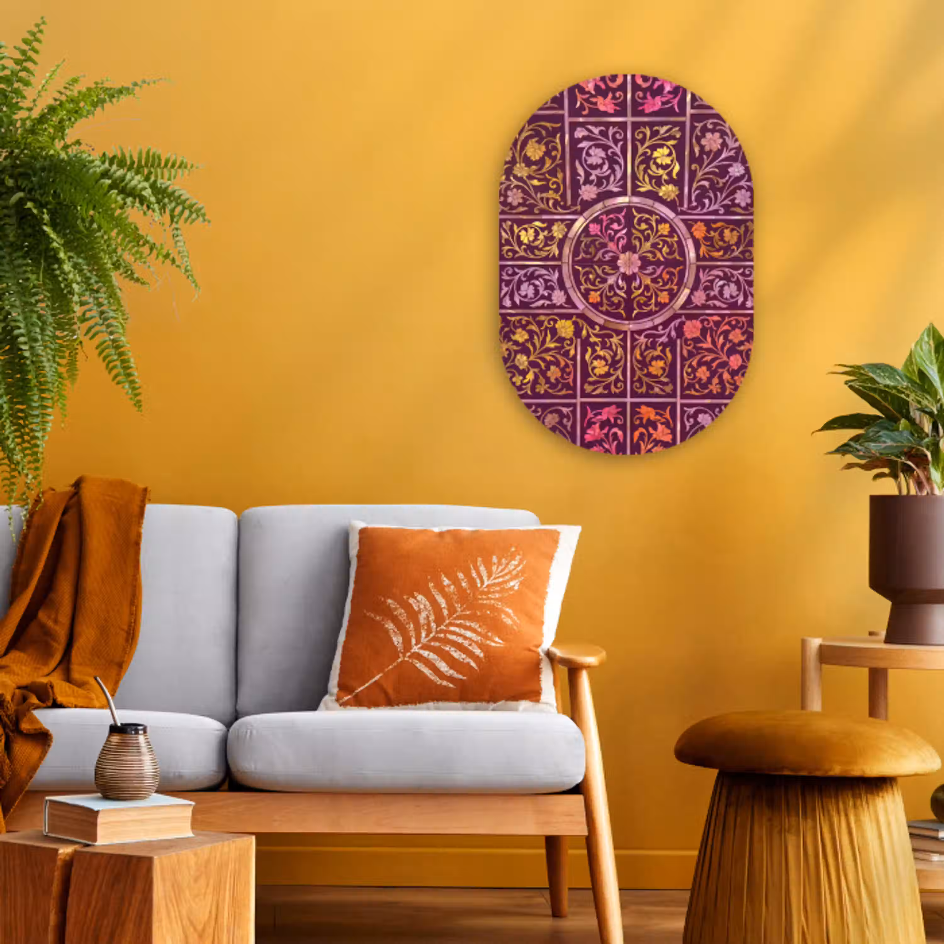Patroon - Floraal - Oosters - Paars - Goud Wandcirkel Ovaal Forex klein -sfeer4