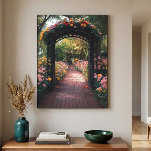 Doorkijk - Bloemen - Pad - Natuur - Kleurrijk Textielframe zwart klein -sfeer1