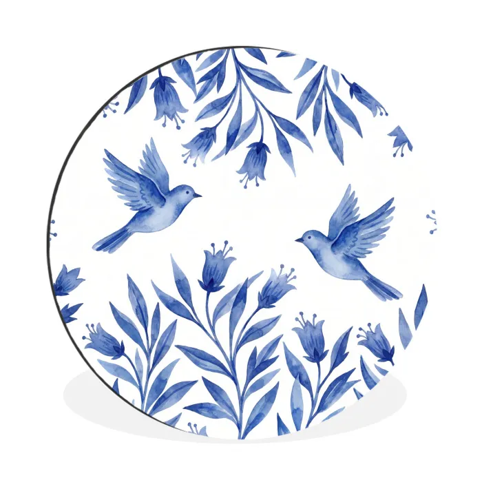 Modern - Vogels - Delfts - Blauw Wandcirkel aluminium klein -3d