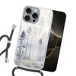 Bos - Bomen - Mist - Natuur - Illustratie - Grijs Hoesje iPhone 16 Pro Max met koord klein -sfeer1