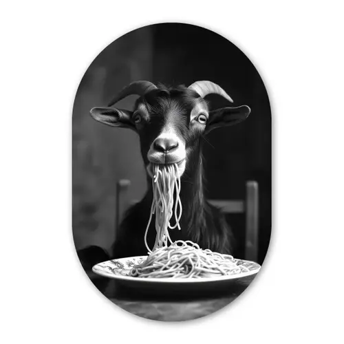Geit - Bord - Spaghetti - Zwart Wit Wandcirkel Ovaal Glas middel -3d